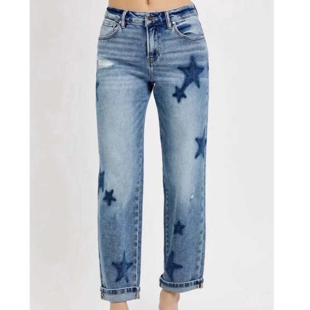 NEW RISEN star shadow mid rise boyfriend cuffed jeans in medium wash